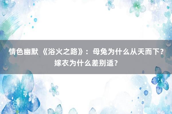 情色幽默 《浴火之路》：母兔为什么从天而下？嫁衣为什么差别适？